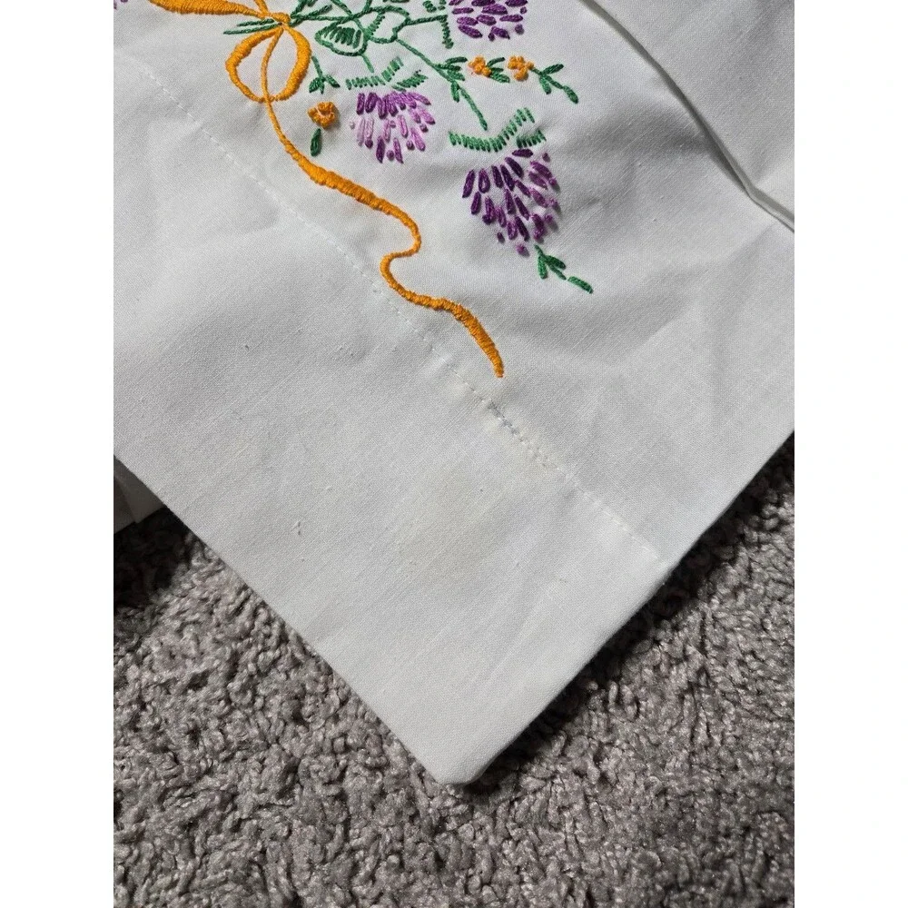 Vtg Floral Hand-Embroidered 2 Pillowcases Cross stitched White Grandmacore Chic